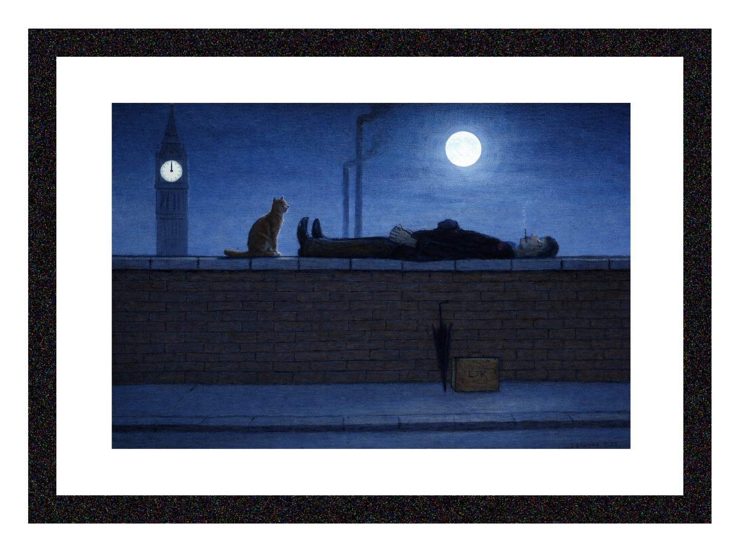 Man Lying On Wall At Midnight, With Cat! - Lowry Style A4 Size Giclée Art Print. Available Framed or Unframed.