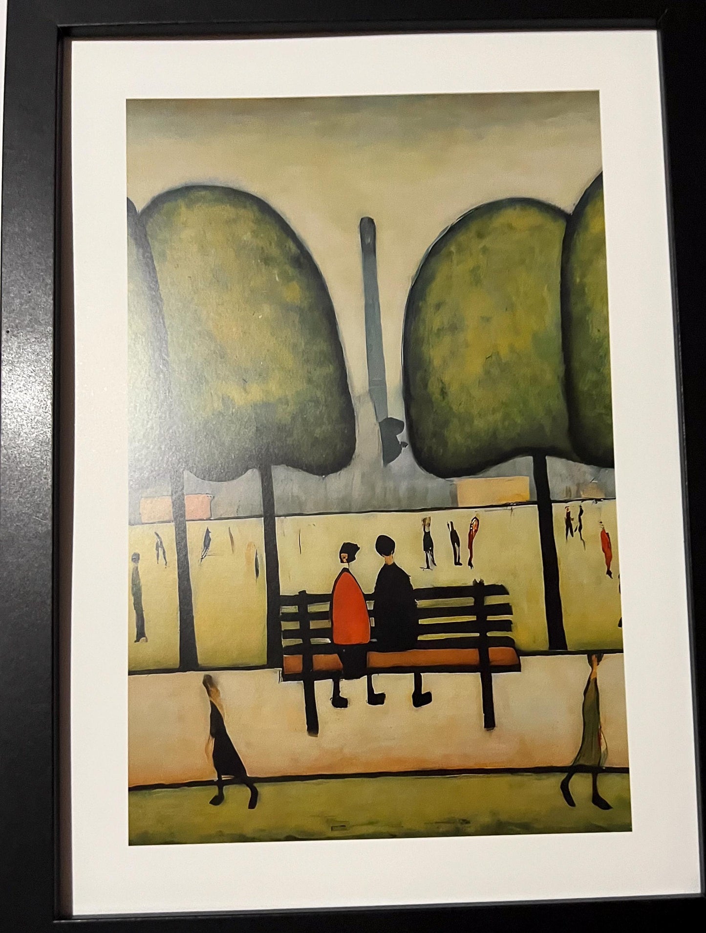 Sitting On A Bench - A4 Size Giclée Art Print. Lowry Style Art Print. Available Framed or Unframed.