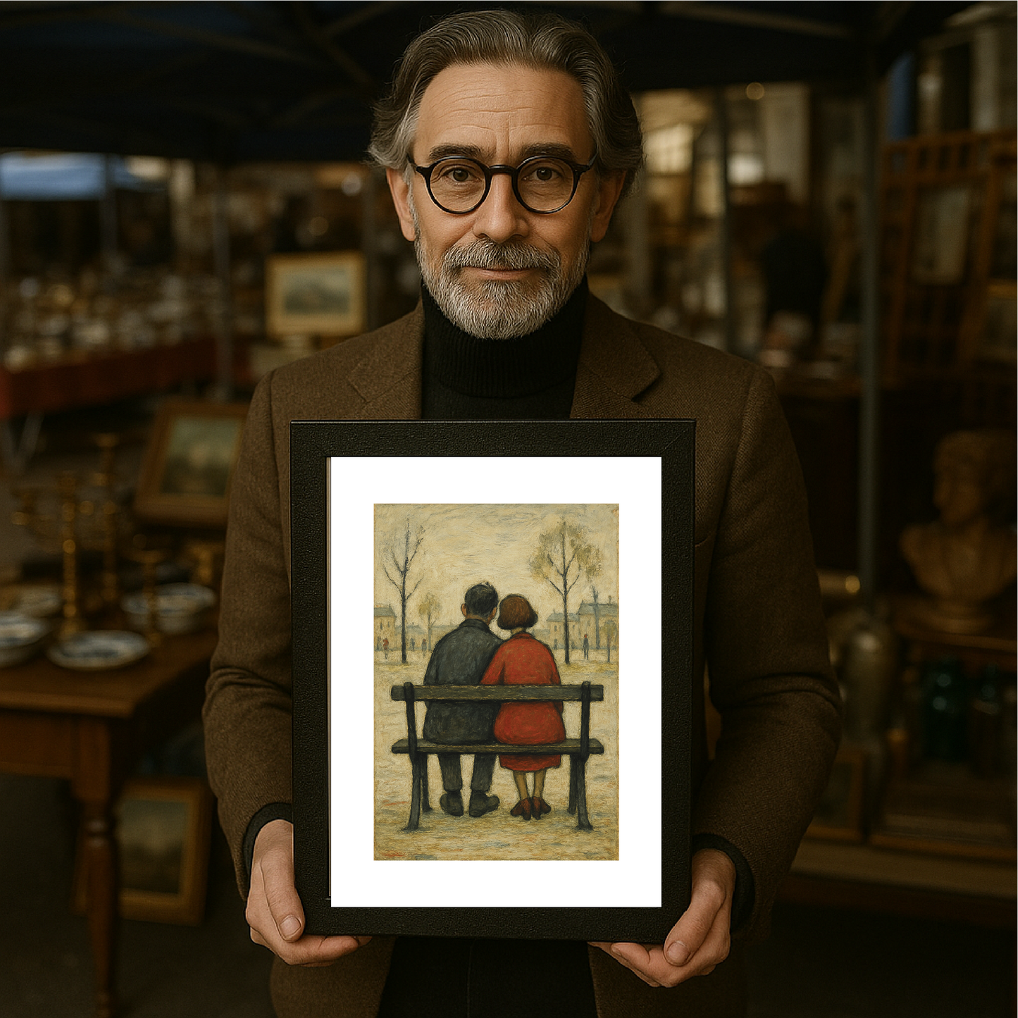 Couple On A Bench - A4 Size Giclée Art Print. Lowry Style Art Print. Available Framed and Unframed.