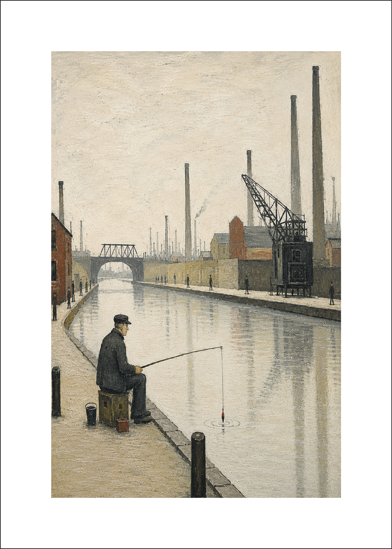 Canalside Fishing - Lowry Style A4 Size Giclée Art Print. Available Framed or Unframed