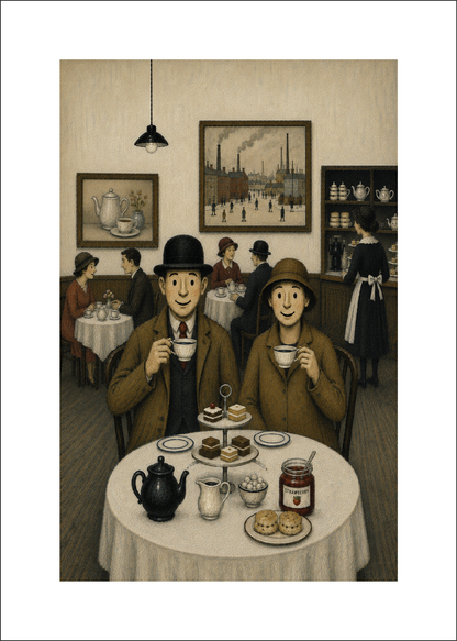 Tearoom Couple - Lowry Style A4 Size Giclée Art Print. Available Framed or Unframed