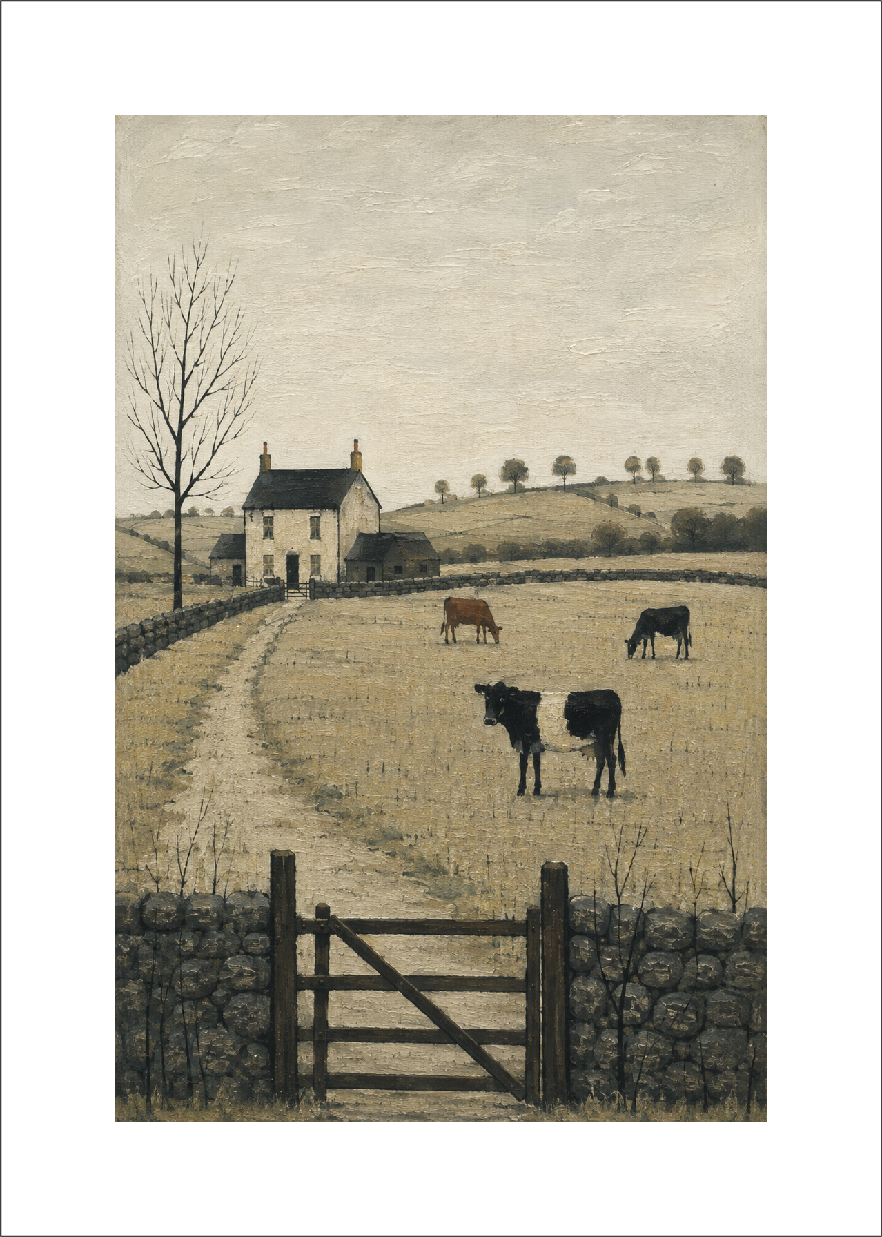 Cows in Countryside - Lowry Style A4 Size Giclée Art Print. Available Framed or Unframed