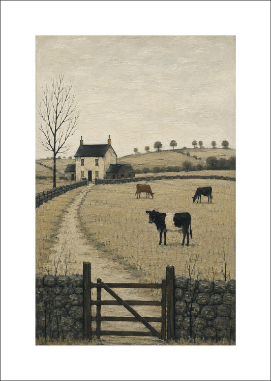 Cows in Countryside - Lowry Style A4 Size Giclée Art Print. Available Framed or Unframed