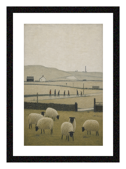 Sheep/Countryside - Lowry Style A4 Size Giclée Art Print. Available Framed or Unframed