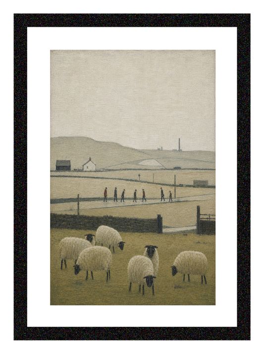 Sheep/Countryside - Lowry Style A4 Size Giclée Art Print. Available Framed or Unframed