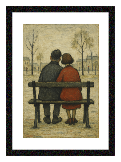 Couple On A Bench - A4 Size Giclée Art Print. Lowry Style Art Print. Available Framed and Unframed.