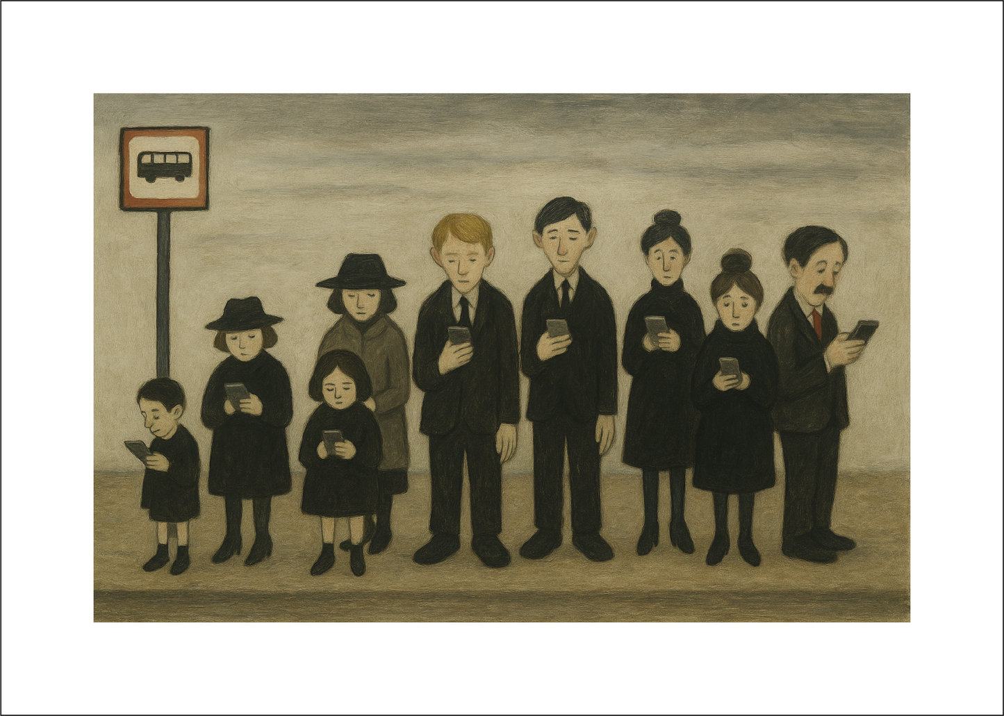 Bus Stop Line Up - Lowry Style A4 Size Giclée Art Print. Available Framed or Unframed