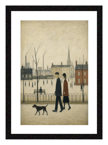 Couple Walking A Dog - Lowry Style A4 Size Giclée Art Print. Available Framed or Unframed