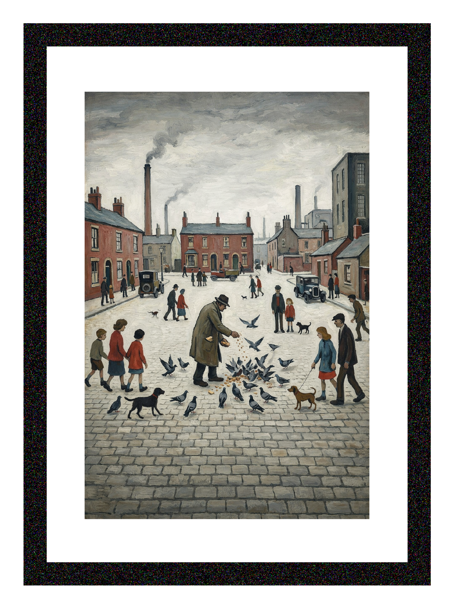 Feeding The Pigeons - Lowry Style A4 Size Giclée Art Print. Available Framed or Unframed