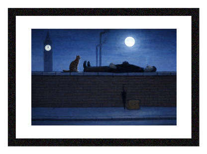 Man Lying On Wall At Midnight, With Cat! - Lowry Style A4 Size Giclée Art Print. Available Framed or Unframed.