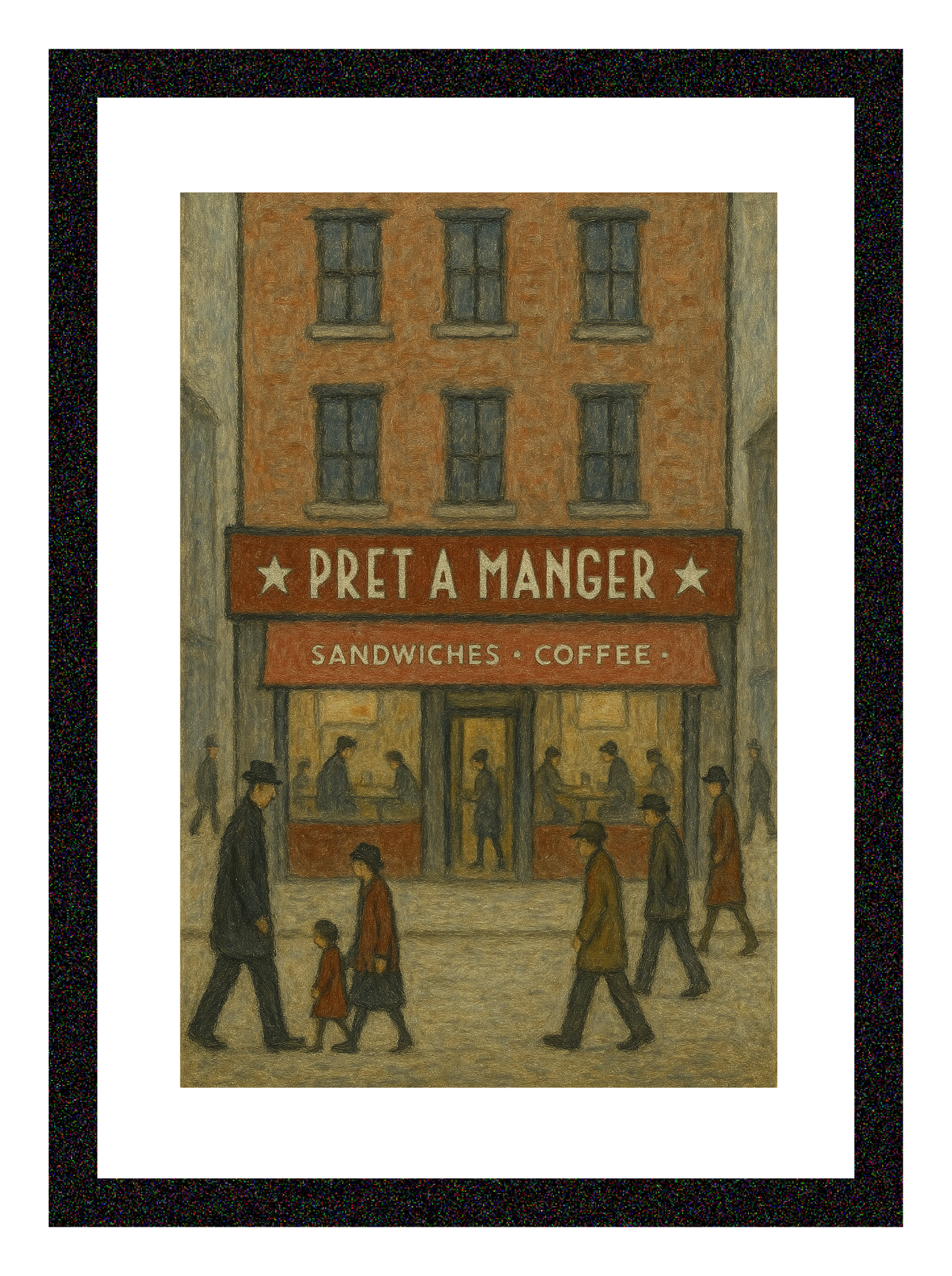 Pret A Manger - A4 Size Giclée Art Print. Lowry Style Art Print. Available Framed and Unframed.