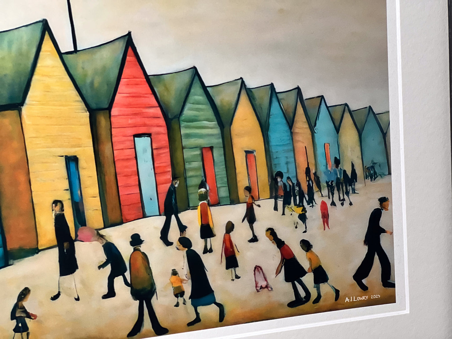 Brighton Beach Huts - Impression d'art giclée 21 cm carré. Image attachante dans le style de LS Lowry