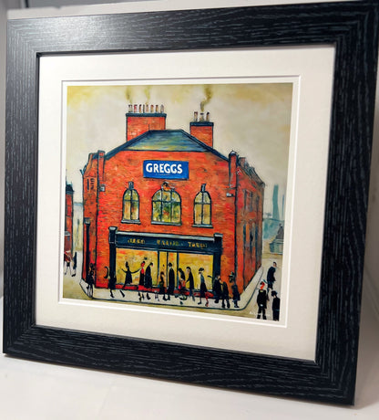 Greggs - Impression d'art giclée 21 cm carré. Image nostalgique moderne dans le style de LS Lowry