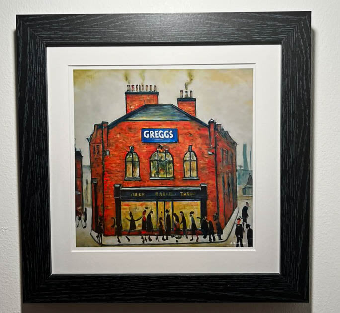 Greggs - Impression d'art giclée 21 cm carré. Image nostalgique moderne dans le style de LS Lowry
