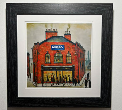 Greggs - Impression d'art giclée 21 cm carré. Image nostalgique moderne dans le style de LS Lowry