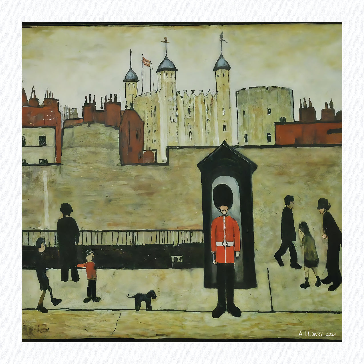 En garde - Impression d'art giclée 21 cm carré. Image fascinante dans le style de LS Lowry 