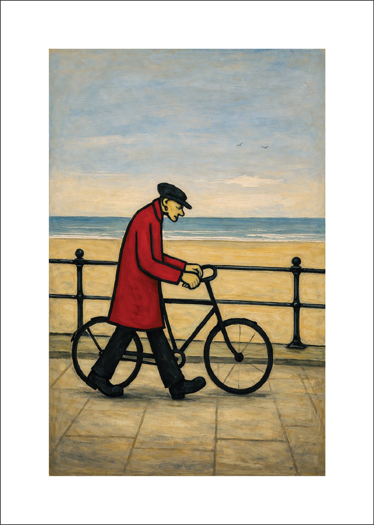 Bicycle Man By The Sea - Lowry Style A4 Size Giclée Art Print. Available Framed or Unframed