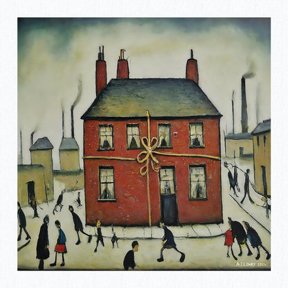 New Home - Impression d'art giclée 21 cm carré. Belle image dans le style de LS Lowry 