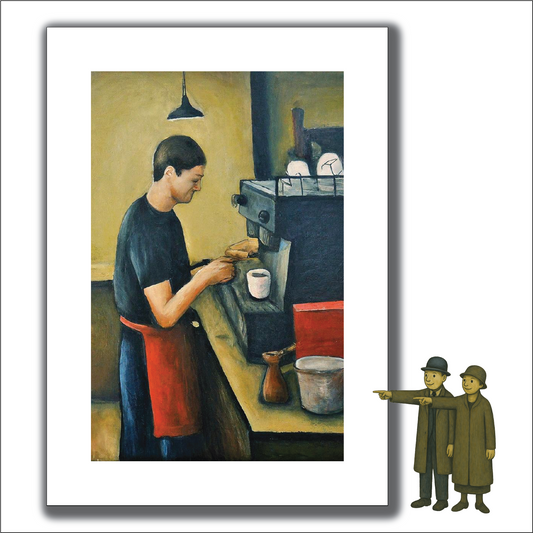 Barista - A4 Size Giclée Art Print. Lowry Style Art Print. Available Framed and Unframed.