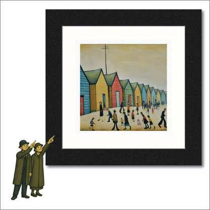 Brighton Beach Huts - Impression d'art giclée 21 cm carré. Image attachante dans le style de LS Lowry