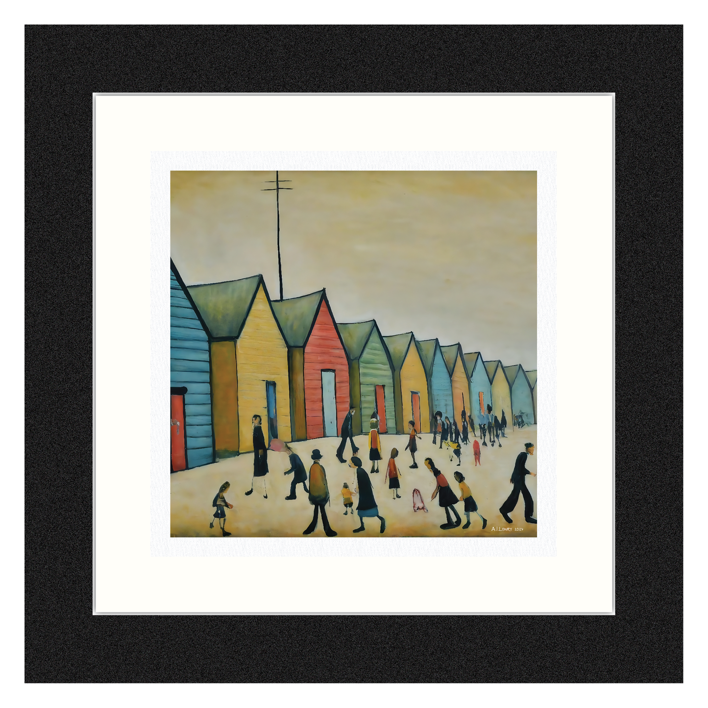 Brighton Beach Huts - Impression d'art giclée 21 cm carré. Image attachante dans le style de LS Lowry