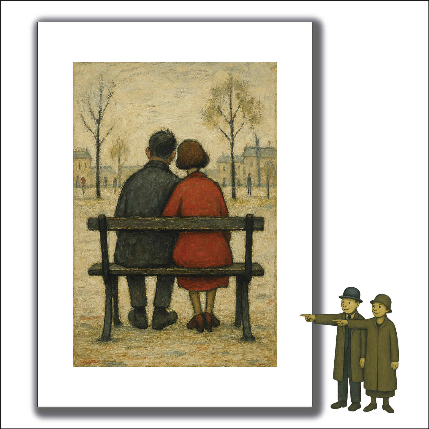 Couple On A Bench - A4 Size Giclée Art Print. Lowry Style Art Print. Available Framed and Unframed.