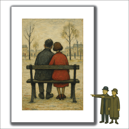 Couple On A Bench - A4 Size Giclée Art Print. Lowry Style Art Print. Available Framed and Unframed.