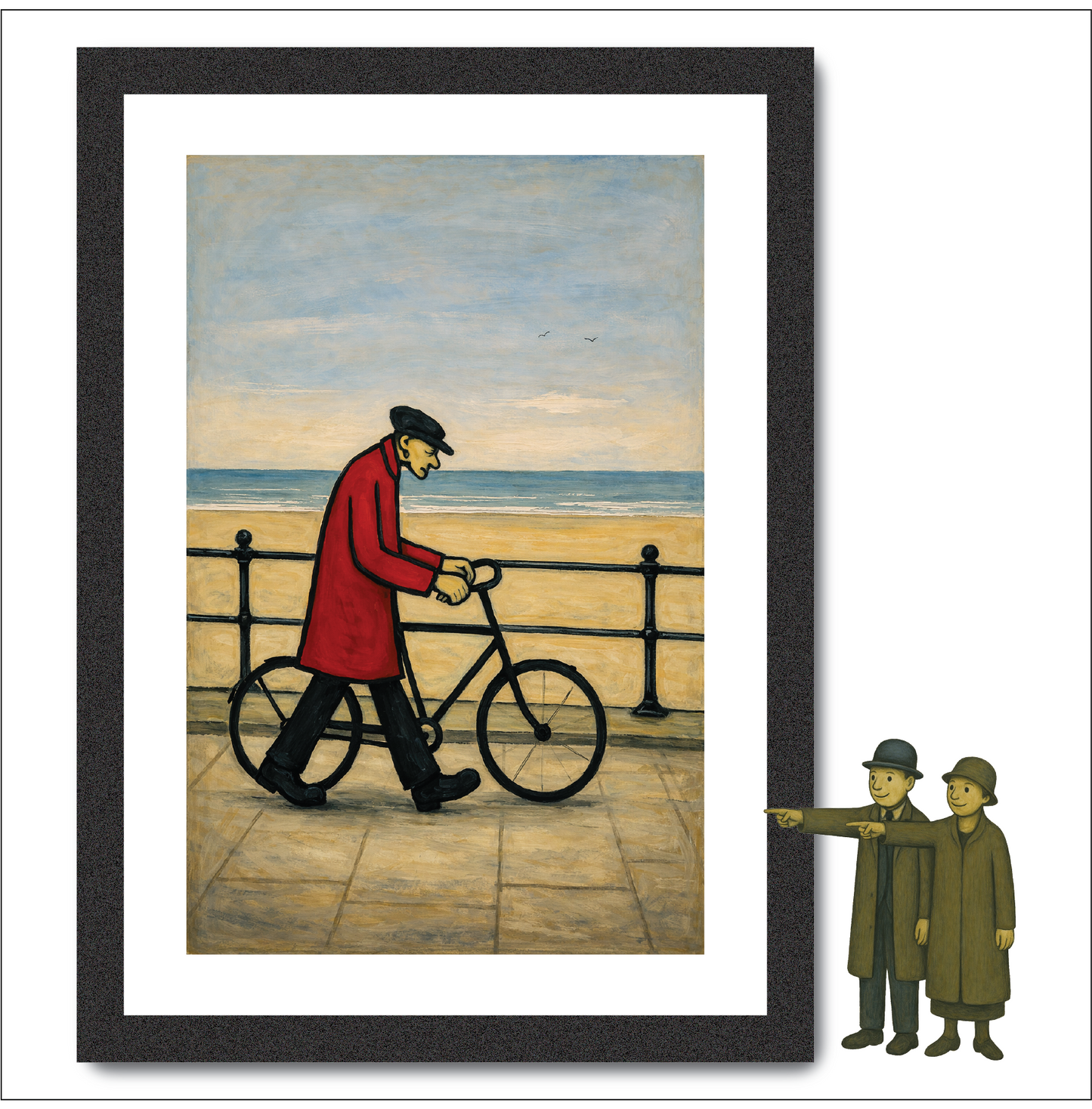 Bicycle Man By The Sea - Lowry Style A4 Size Giclée Art Print. Available Framed or Unframed