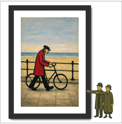 Bicycle Man By The Sea - Lowry Style A4 Size Giclée Art Print. Available Framed or Unframed