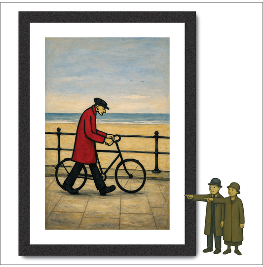 Bicycle Man By The Sea - Lowry Style A4 Size Giclée Art Print. Available Framed or Unframed