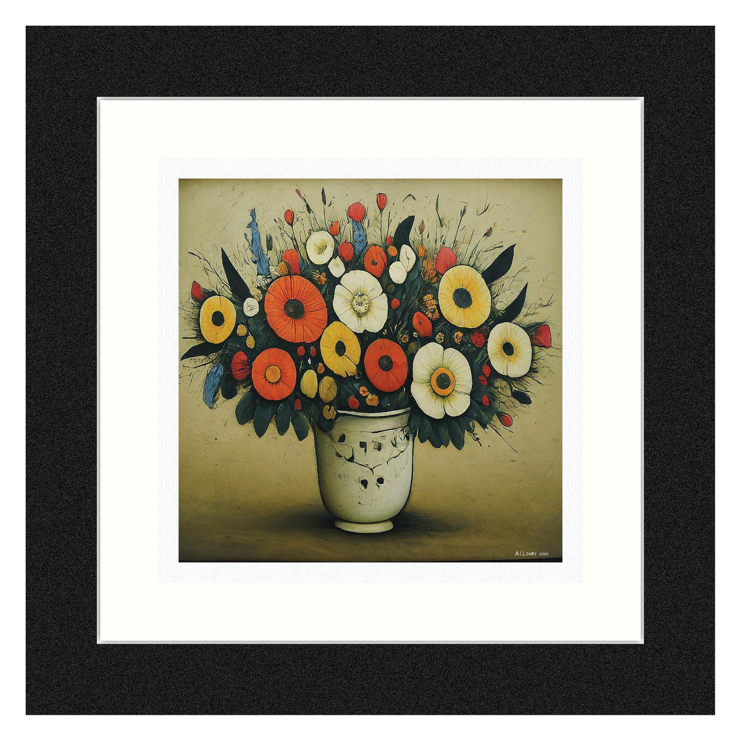 Bouquet of Flowers Lowry Style Giclée Art Print. Available Mounted/Framed or Unframed