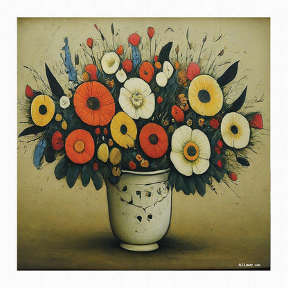 Bouquet of Flowers Lowry Style Giclée Art Print. Available Mounted/Framed or Unframed