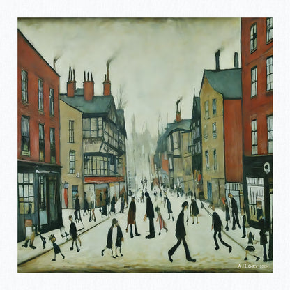 Chester - Impression d'art giclée 21 cm carré. Image fascinante dans le style de LS Lowry 