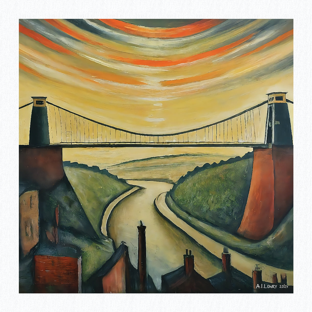 Pont suspendu de Clifton - Impression d'art giclée 21 cm carré. Superbe image dans le style de LS Lowry 