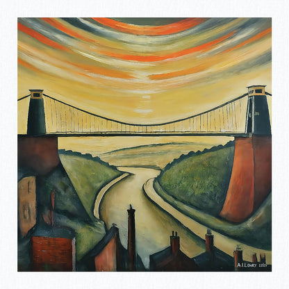 Pont suspendu de Clifton - Impression d'art giclée 21 cm carré. Superbe image dans le style de LS Lowry 