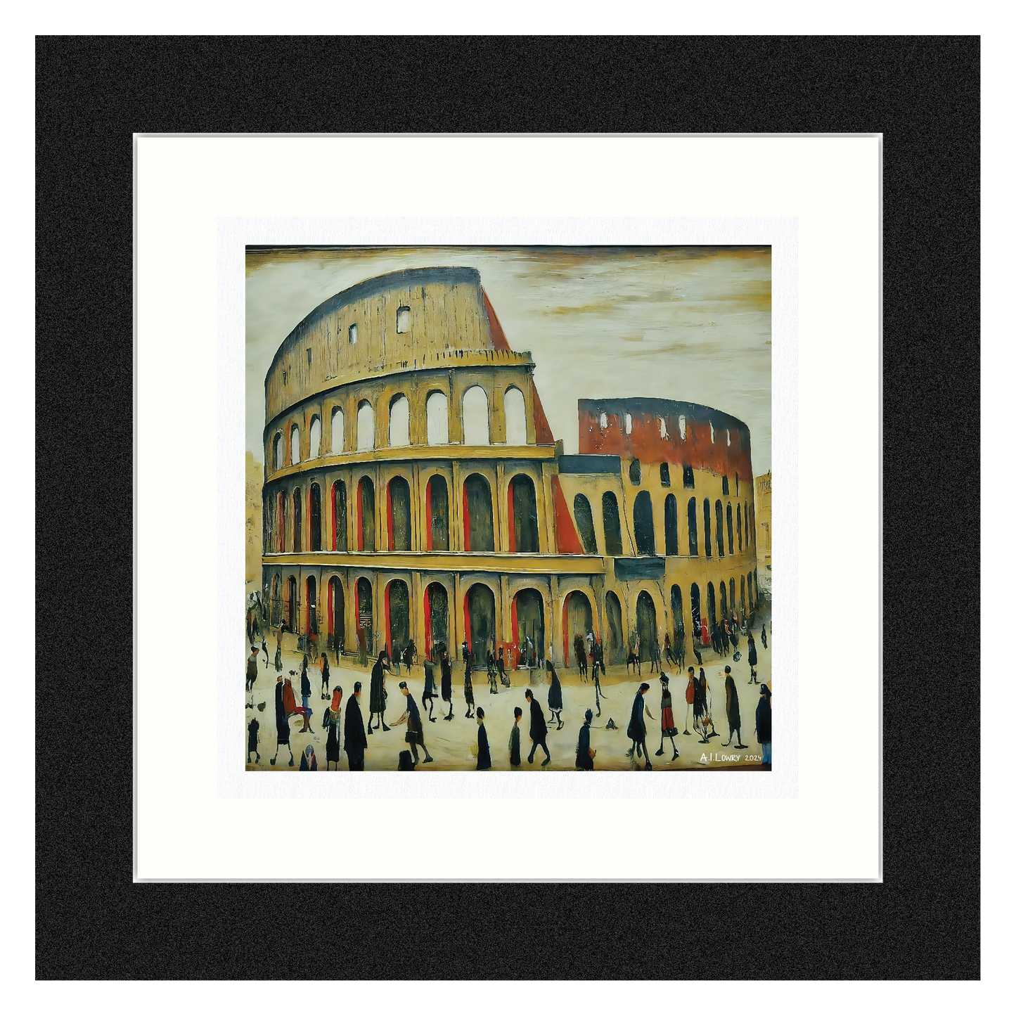 Le Colisée - Impression d'art giclée 21 cm carré. Image classique dans le style de LS Lowry 
