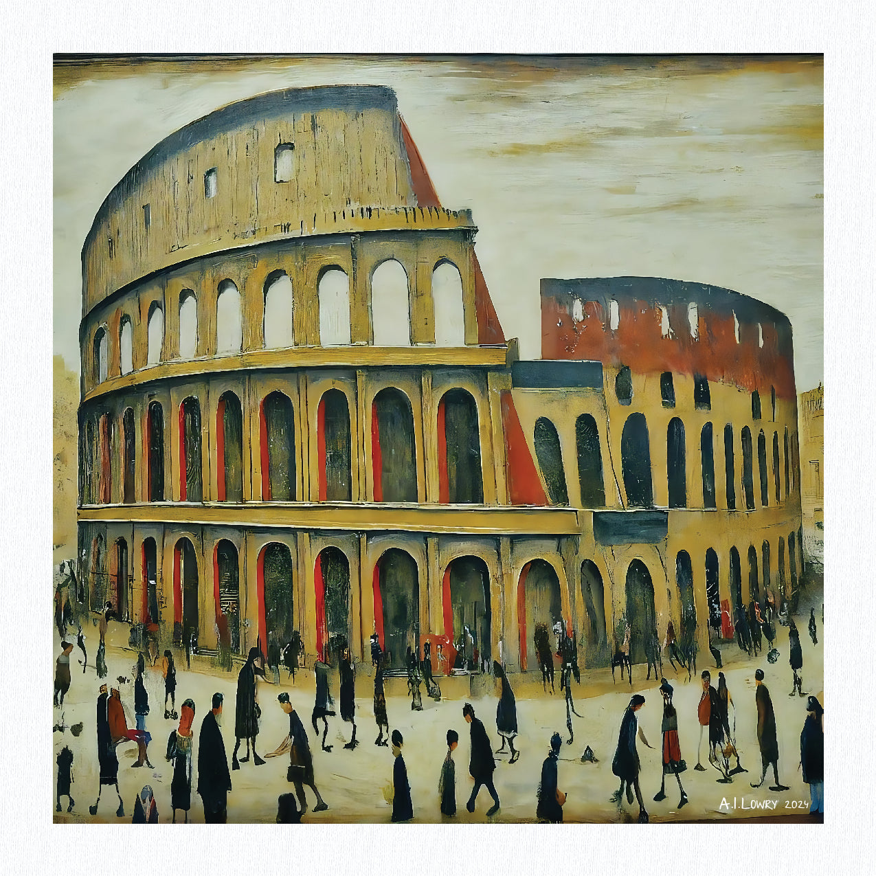 Le Colisée - Impression d'art giclée 21 cm carré. Image classique dans le style de LS Lowry 