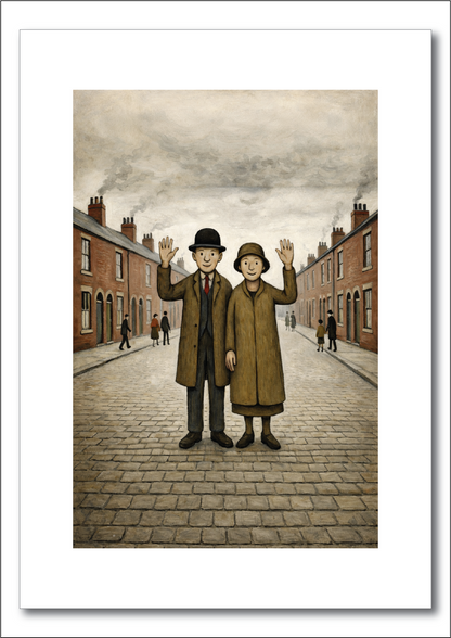Waving Couple - Lowry Style A4 Size Giclée Art Print. Available Framed or Unframed