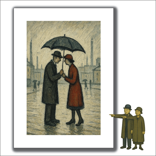 Couple In The Rain - Lowry Style A4 Size Giclée Art Print. Available Framed and Unframed.