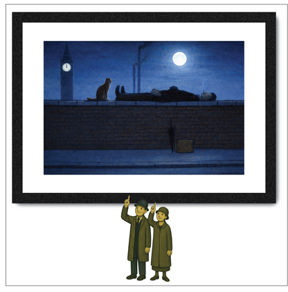 Man Lying On Wall At Midnight, With Cat! - Lowry Style A4 Size Giclée Art Print. Available Framed or Unframed.