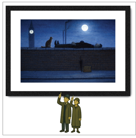 Man Lying On Wall At Midnight, With Cat! - Lowry Style A4 Size Giclée Art Print. Available Framed or Unframed.