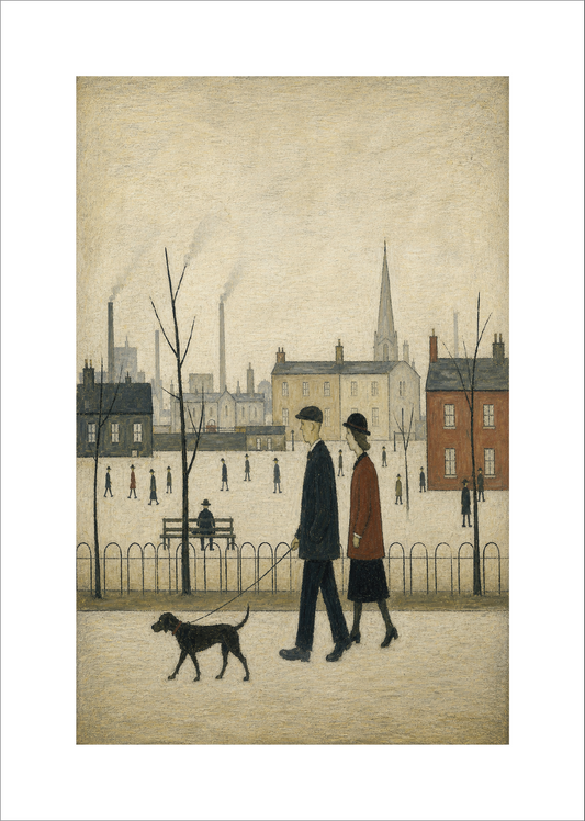 Couple Walking A Dog - Lowry Style A4 Size Giclée Art Print. Available Framed or Unframed