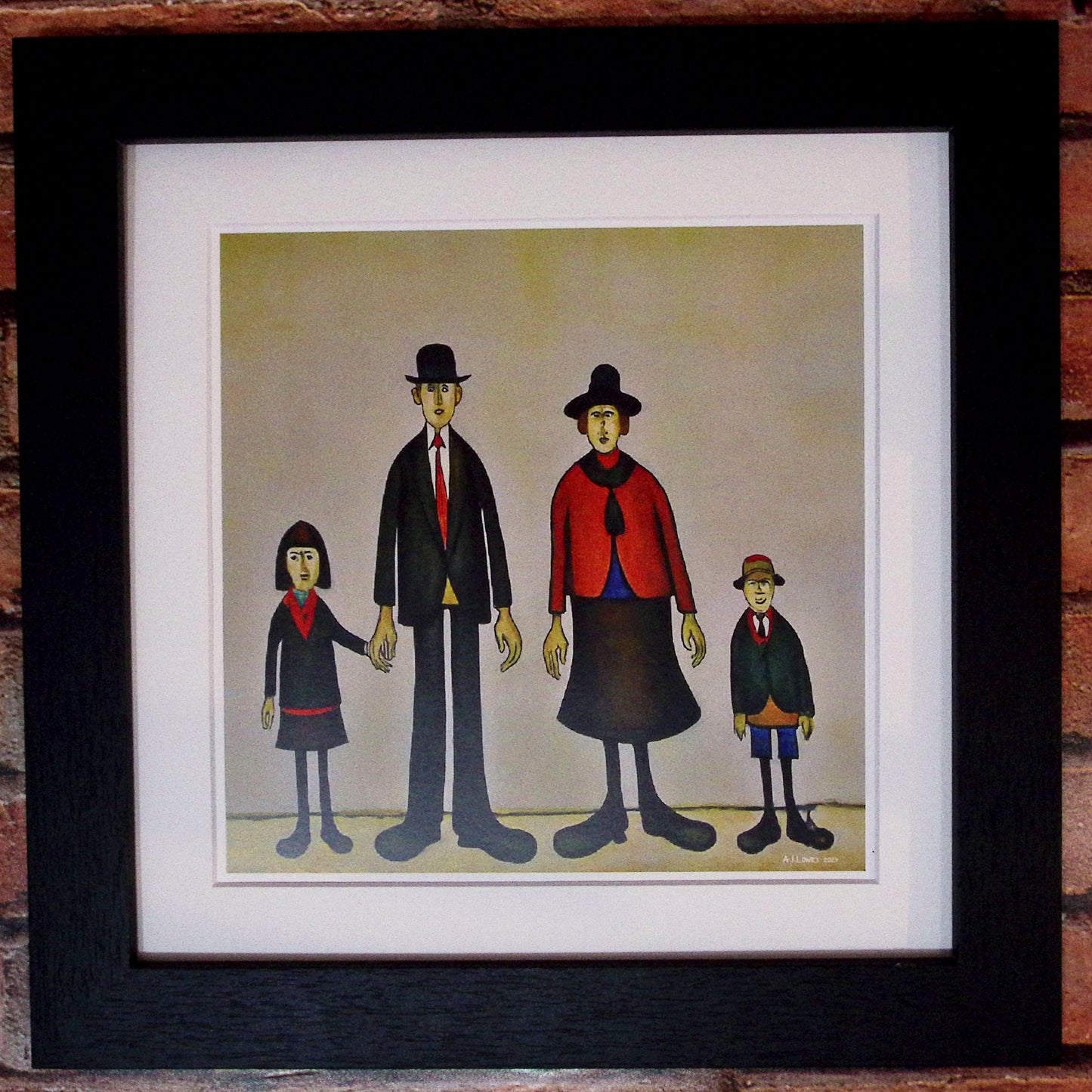 Portrait de famille - Impression d'art giclée 21 cm carré. Image attrayante dans le style de LS Lowry 