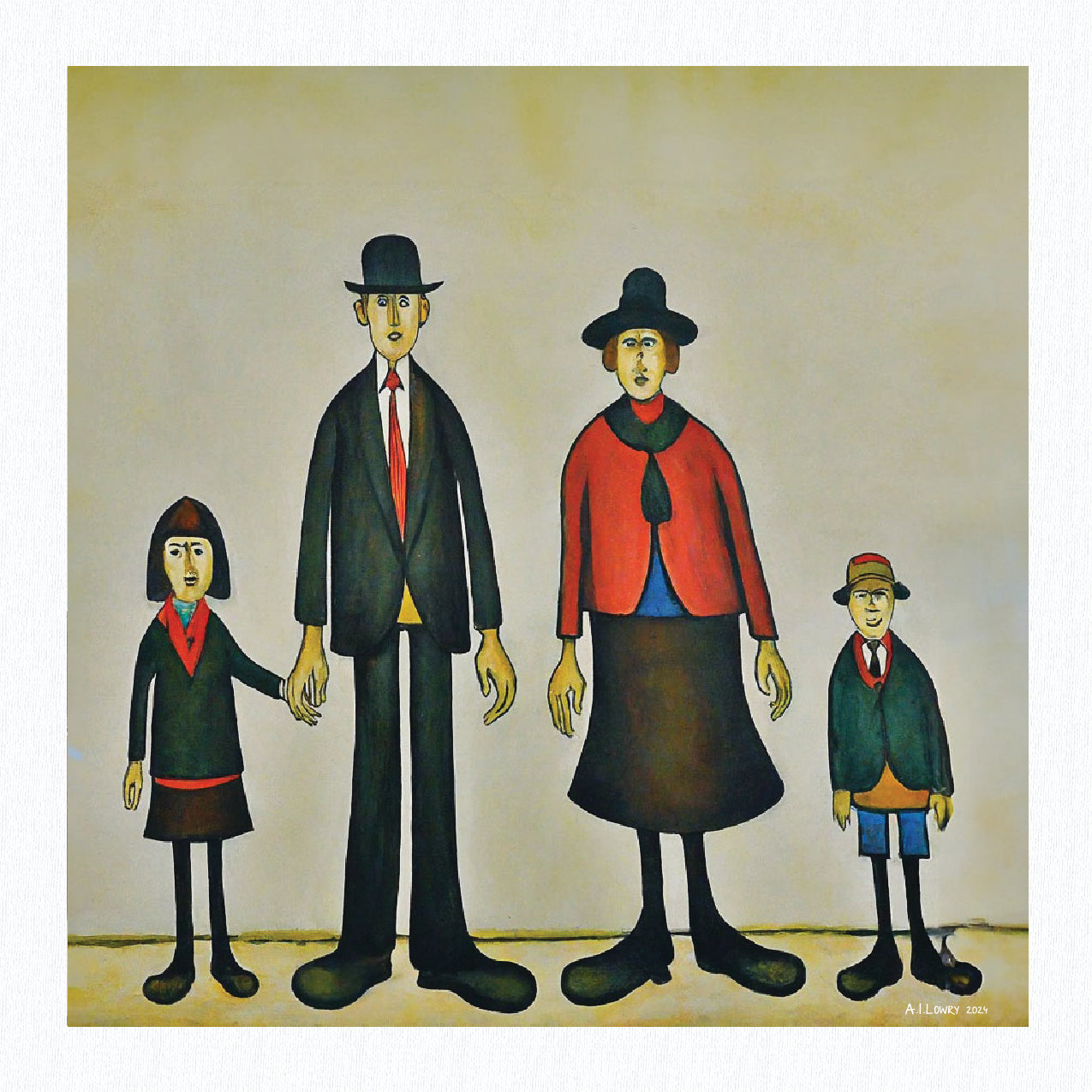 Portrait de famille - Impression d'art giclée 21 cm carré. Image attrayante dans le style de LS Lowry 