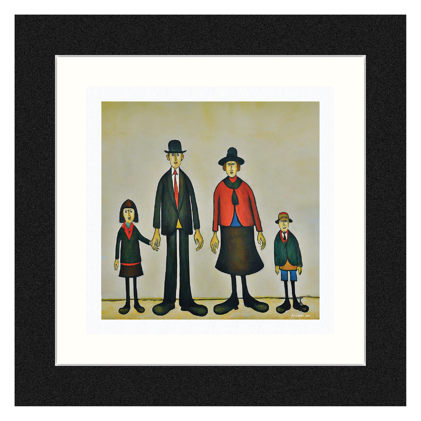 Portrait de famille - Impression d'art giclée 21 cm carré. Image attrayante dans le style de LS Lowry 