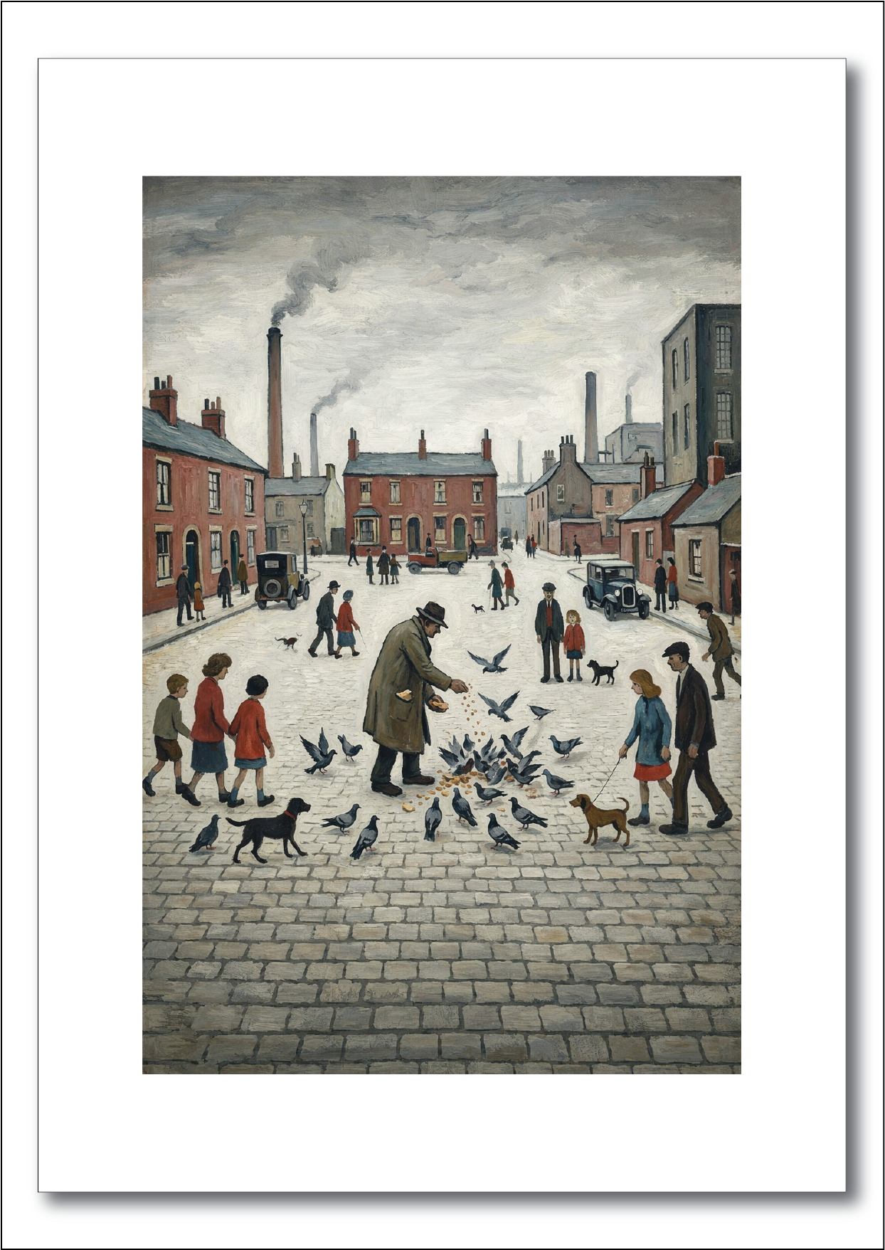 Feeding The Pigeons - Lowry Style A4 Size Giclée Art Print. Available Framed or Unframed