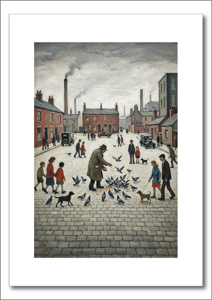 Feeding The Pigeons - Lowry Style A4 Size Giclée Art Print. Available Framed or Unframed