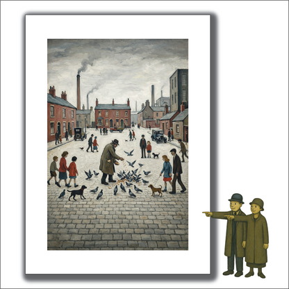 Feeding The Pigeons - Lowry Style A4 Size Giclée Art Print. Available Framed or Unframed