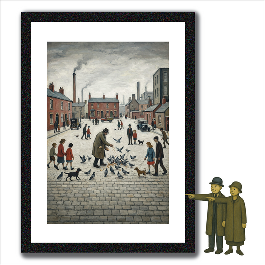 Feeding The Pigeons - Lowry Style A4 Size Giclée Art Print. Available Framed or Unframed