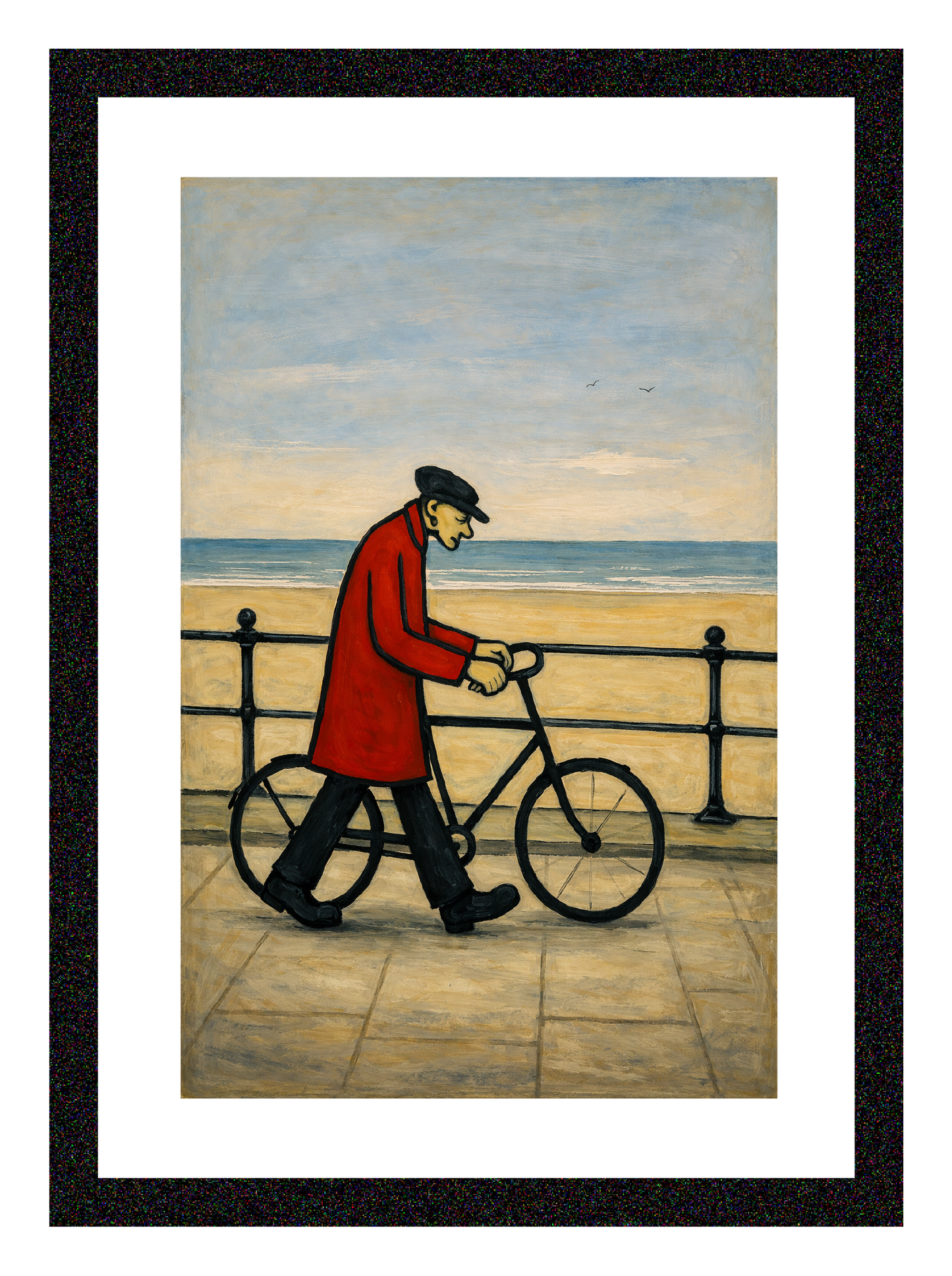 Bicycle Man By The Sea - Lowry Style A4 Size Giclée Art Print. Available Framed or Unframed